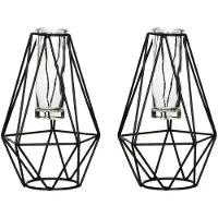 Mica Decorations 2x stuks zwarte metalen diamant draad vaasjes met glas 11 x 10 x 17 cm - Vazen