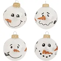 Merkloos 4x Glazen witte glitter kerstballen met sneeuwpop 7 cm - Kerstbal