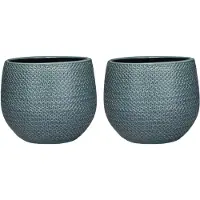 Mica Decorations Set van 2x stuks bloempotten midnight blauw ribbels keramiek voor kamerplant H16 x D18 cm - Plantenpotten