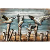Clayre & Eef Metalen Schilderij 75*50 Cm Blauw Ijzer Meeuwen Wanddecoratie Muurdecoratie Schilderij Blauw Wanddecoratie