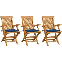 vidaXL Tuinstoelen 3 st met koningsblauwe kussens massief teakhout