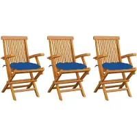 vidaXL Tuinstoelen 3 st met blauwe kussens massief teakhout
