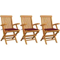 vidaXL Tuinstoelen 3 st met wijnrode kussens massief teakhout