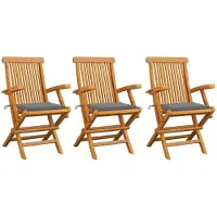 vidaXL Tuinstoelen 3 st met grijs kussens massief teakhout