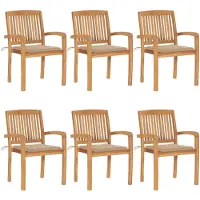 vidaXL Stapelbare tuinstoelen met kussens, 6 stuks, massief teak hout