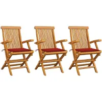vidaXL Tuinstoelen 3 st met rode kussens massief teakhout