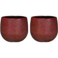 Mica Decorations Set van 2x stuks bloempotten bordeaux rood ribbels keramiek voor kamerplant H14 x D16 cm - Plantenpotten