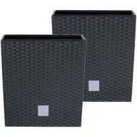 Prosperplast Set van 2x stuks kunststof Rato rotan bloempotten/plantenpotten met binnenpot antraciet 32 cm - Plantenpotten