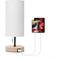 Aigostar nachtlampje met 2 USB-oplaadpoorten, tafellamp met E27 fitting en trekschakelaar, houten voet, moderne tafellamp voor slaapkamer, woonkamer, bureau, babykamer - wit