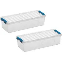 Sunware 3x stuks q-line opberg box/opbergdoos - 3.5 liter - 38 x 14 x 9 cm - kunststof - opslagbox - transparant/blauw