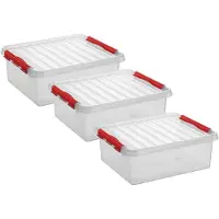 Sunware 4x stuks q-line opberg box/opbergdoos - 25 liter - 50 x 40 x 18 cm - kunststof - opslagbox - transparant/rood