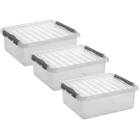 Sunware 3x stuks q-line opberg box/opbergdoos - 25 liter - 50 x 40 x 18 cm - kunststof - opslagbox - transparant/zilver