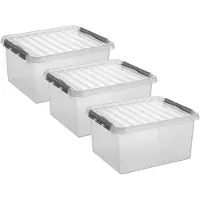 Sunware 3x stuks q-line opberg box/opbergdoos - 36 liter - 50 x 40 x 26 cm - kunststof - opslagbox - transparant/zilver