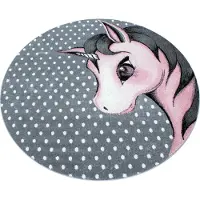 Muratap Kids eenhoorn rond vloerkleed kinderkamer roze / grijs laagpolig- 120 cm rond