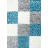 Muratap Basic shaggy geblokt vloerkleed turquoise / wit hoogpolig- 160x230