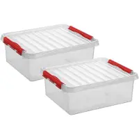 Sunware 2x stuks q-line opberg box/opbergdoos - 25 liter - 50 x 40 x 18 cm - kunststof - opslagbox - transparant/rood
