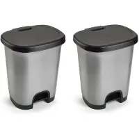 Forte Plastics Set van 2x stuks kunststof afvalemmers/vuilnisemmers zilver/zwart van 27 liter met pedaal - Pedaalemmers