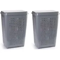 Forte Plastics 2x Stuks Grote Wasmand Met Deksel Van 50 Liter In Het Grijs - Wasmanden