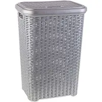 Forte Plastics 2x stuks grote rotan wasmand met deksel van 60 liter in het zilver grijs - Wasmanden