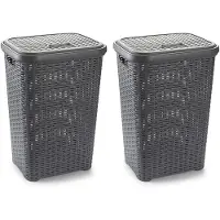 Forte Plastics 2x stuks grote rotan wasmand met deksel van 60 liter in het lichtgrijs - Wasmanden