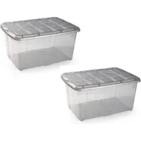Forte Plastics 2x Opslagbakken/organizers met deksel 60 liter 63 x 46 x 32 transparant/grijs - Opbergbox