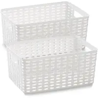 PlasticForte 3x stuks rotan gevlochten opbergmand/opbergbox kunststof - Wit - 22 x 33 x 16 cm - Kast mandjes