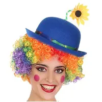 Smiffys Clown verkleed set - gekleurde pruik - bolhoedje in blauw - Carnaval clowns verkleedkleding en accessoires - volwassenen