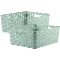 PlasticForte 4x stuks rotan gevlochten opbergmand/opbergbox kunststof - Mintgroen - 28 x 36 x 13.5 cm - Kast mandjes