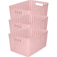 PlasticForte 3x stuks rotan gevlochten opbergmand/opbergbox kunststof - Oud roze - 22 x 33 x 16 cm - Kast mandjes