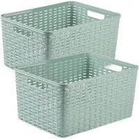 PlasticForte 5x stuks rotan gevlochten opbergmand/opbergbox kunststof - mintgroen - 38 x 28 x 19 cm - Kast mandjes