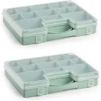 PlasticForte 2x opbergkoffertje - 13-vaks - mintgroen - opbergkoffer - sorteer box - 27,5 x 20,5 x 3 cm