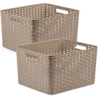 PlasticForte 3x stuks rotan gevlochten opbergmand/opbergbox kunststof - taupe - 34 x 40 x 23 cm - Kast mandjes