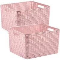 PlasticForte 3x stuks rotan gevlochten opbergmand/opbergbox kunststof - Oud roze - 34 x 40 x 23 cm - Kast mandjes