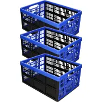 PlasticForte Boodschappenkrat - 3x stuks - 32L - 48 x 35 x 24 cm - vouwkrat - opvouwbaar - zwart/blauw