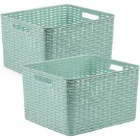 PlasticForte 4x stuks rotan gevlochten opbergmand/opbergbox kunststof - mintgroen - 34 x 40 x 23 cm - Kast mandjes