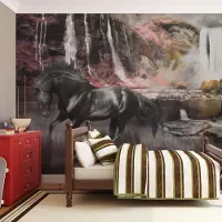 Artgeist Fotobehang – Behangpapier - Fotobehang - Zwart paard door een waterval 200x154 -