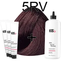 Kis KeraCream Color - 100ml - Haarverf Set - 5RV Donker rood violet | - (3 x haarverf & 1L waterstofperoxide)