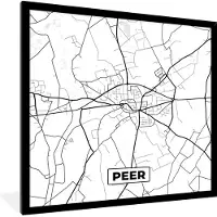 PosterMonkey Fotolijst incl. Poster Zwart Wit- Plattegrond – Peer – Zwart Wit – Stadskaart - Kaart - België - 40x40 cm - Posterlijst