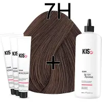 Kis KeraCream Color - 100ml - Haarverf Set - 7H Medium hazelnoot blond | - (3 x haarverf & 1L waterstofperoxide)