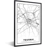 PosterMonkey Fotolijst incl. Poster Zwart Wit- Zwart Wit – België – Plattegrond – Stadskaart – Kaart – Tournai - 40x60 cm - Posterlijst