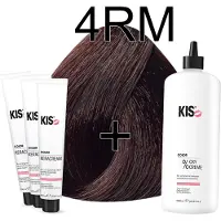 Kis KeraCream Color - 100ml - Haarverf Set - 4RM Donker rood mahonie | - (3 x haarverf & 1L waterstofperoxide)