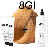 Kis KeraCream Color - 100ml - Haarverf Set - 8GI Licht goudblond intensief | - (3 x haarverf & 1L waterstofperoxide)