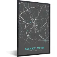 PosterMonkey Fotolijst incl. Poster - Plattegrond – Sankt Vith – Blauw – Stadskaart - Kaart - België - 40x60 cm - Posterlijst
