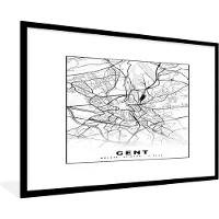 PosterMonkey Fotolijst incl. Poster Zwart Wit- Stadskaart – Plattegrond – België – Zwart Wit – Gent – Kaart - 90x60 cm - Posterlijst