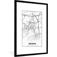PosterMonkey Fotolijst incl. Poster Zwart Wit- België – Menen – Stadskaart – Kaart – Zwart Wit – Plattegrond - 60x90 cm - Posterlijst