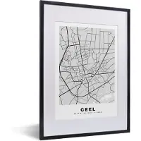PosterMonkey Fotolijst incl. Poster Zwart Wit- België – Geel – Stadskaart – Kaart – Zwart Wit – Plattegrond - 30x40 cm - Posterlijst