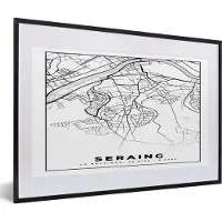PosterMonkey Fotolijst incl. Poster Zwart Wit- Zwart Wit – België – Plattegrond – Stadskaart – Kaart – Seraing - 60x40 cm - Posterlijst