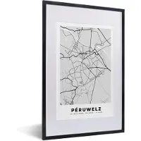 PosterMonkey Fotolijst incl. Poster Zwart Wit- Stadskaart – Plattegrond – België – Zwart Wit – Péruwelz – Kaart - 40x60 cm - Posterlijst