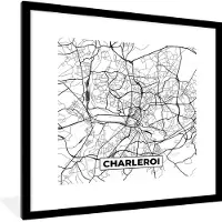 PosterMonkey Fotolijst incl. Poster Zwart Wit- Stadskaart – Plattegrond – België – Zwart Wit – Charleroi – Kaart - 40x40 cm - Posterlijst