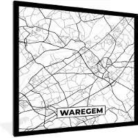 PosterMonkey Fotolijst incl. Poster Zwart Wit- Zwart Wit – België – Plattegrond – Stadskaart – Kaart – Waregem - 40x40 cm - Posterlijst
